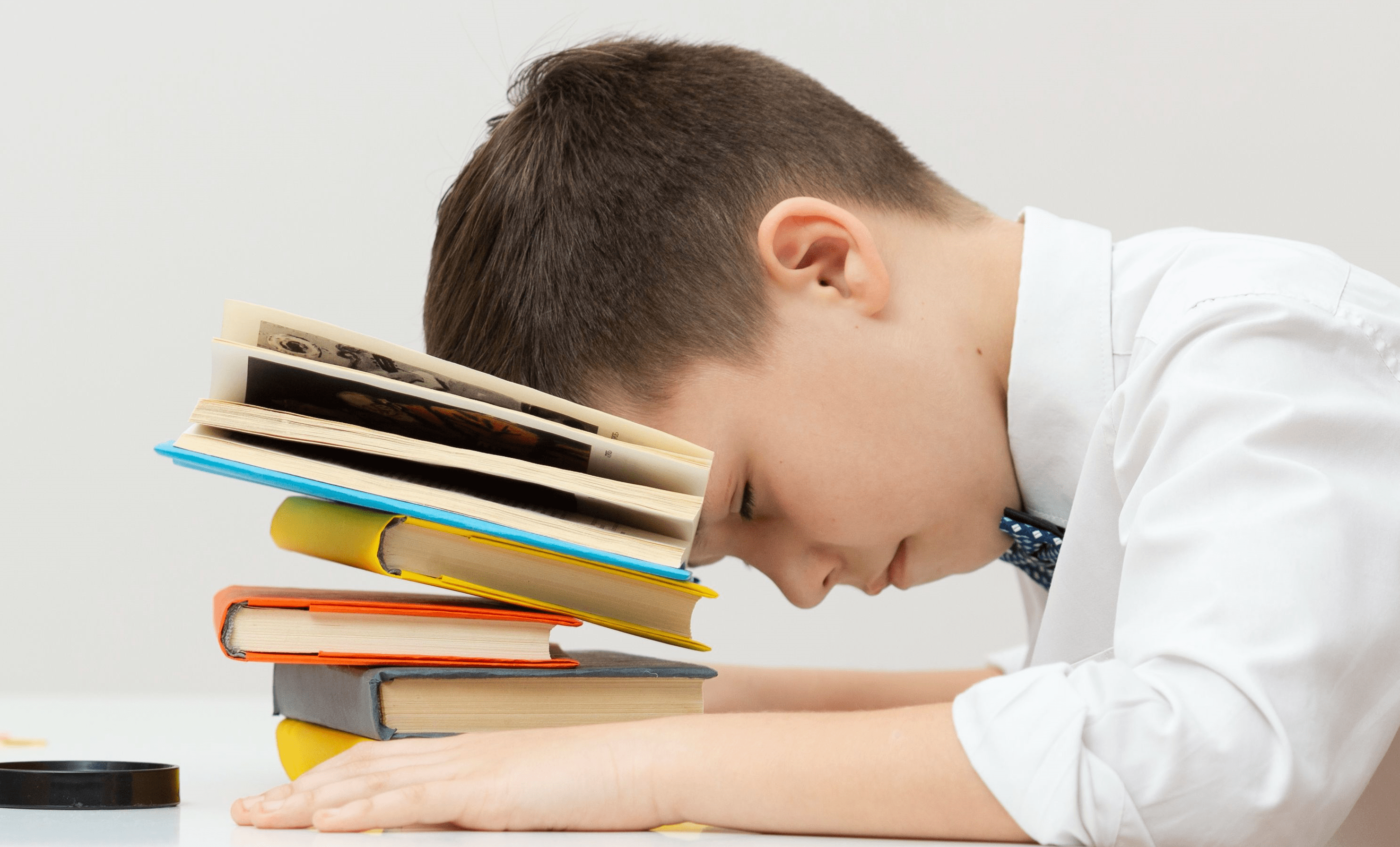 Niño con la cabeza encima de libros, deficit de atencion